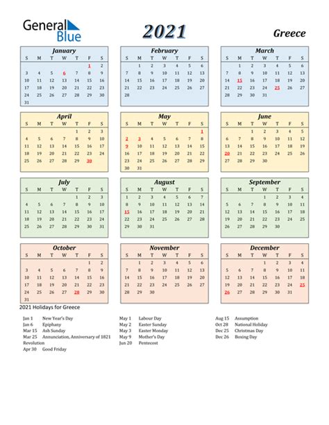 2021 Greece Calendar With Holidays