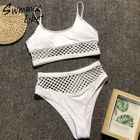 buy mesh brazilian swimsuit female bathers high waist sexy bikini 2019 white