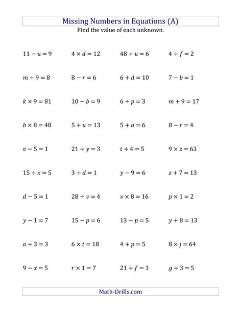 Diy math worksheets circle the smallest number match the following color long. Missing Numbers in Equations (Variables) -- All Operations ...
