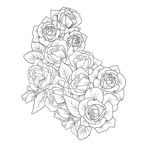 Red Rose Flower Bouquet Outline Vector Art With Roses Leaves For Adult