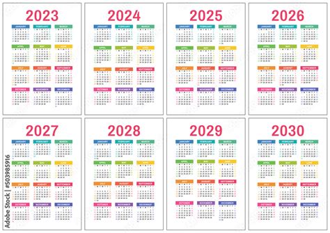 Fototapeta Calendar 2023 2024 To 2030 Colorful Vector Pocket Calender