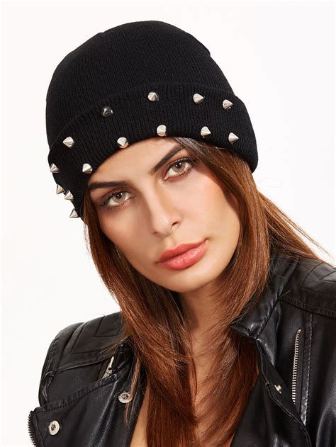 Black Spike Studded Knit Beanie Hat For WomenFor Women-romwe