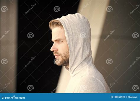 Guy Bearded And Attractive Hooded Side View Man With Bristle Serious