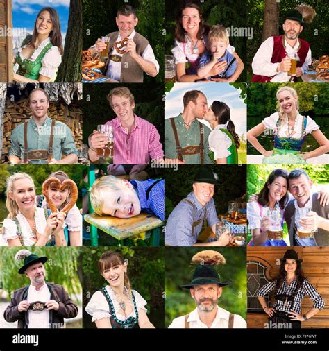 Multiple Faces Of People In Traditional Bavarian Clothes Stock Photo