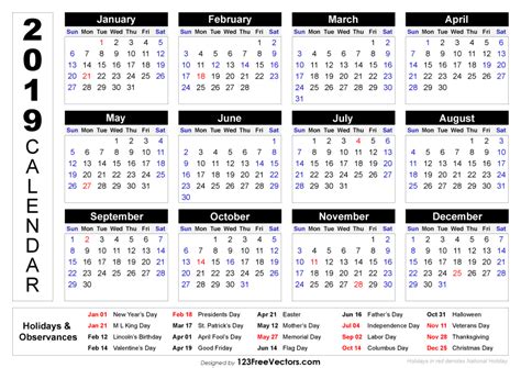 2019 Printable Calendar With Holidays