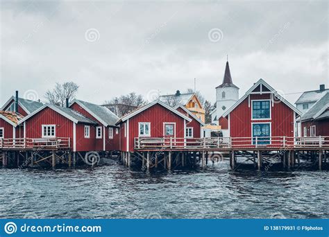 Traditional Red Rorbu Houses In Reine Norway Stock Image Image Of