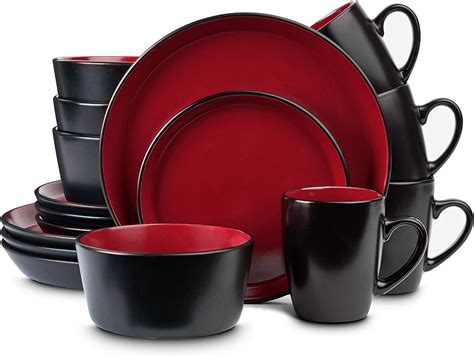 Stone Lain Stoneware Dinnerware Set Service For 4 Red And Black