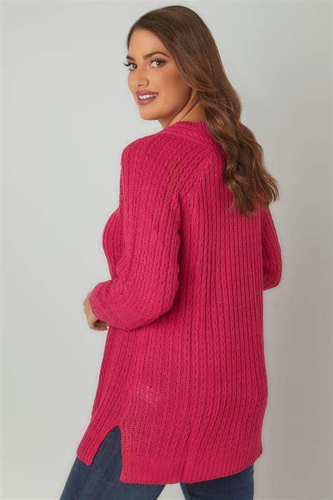 Fuchsia Longline Jumper With Cable Knit Trim Plus Size 16 To 36