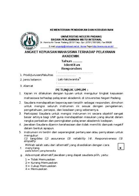 Doc Angket Kepuasan Mahasiswa Terhadap Pelayanan Akademik Anggada