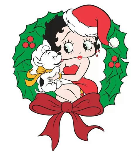 Betty Boop In A Santa Suit Sitting In A Wreath With Pudgy Merry