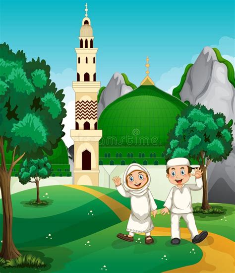 Happy Muslim In Front Of Mosque Stock Vector Illustration Of Smile