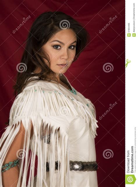 Native American Woman In White On Red Side Looking Stock Image Image