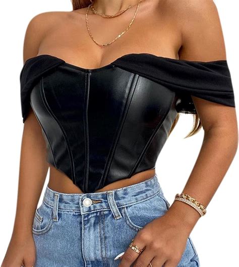Jumisee Women Sexy Pu Leather Corset Crop Top Elegant Mesh Off Shoulder Bustier Sleeveless Tank