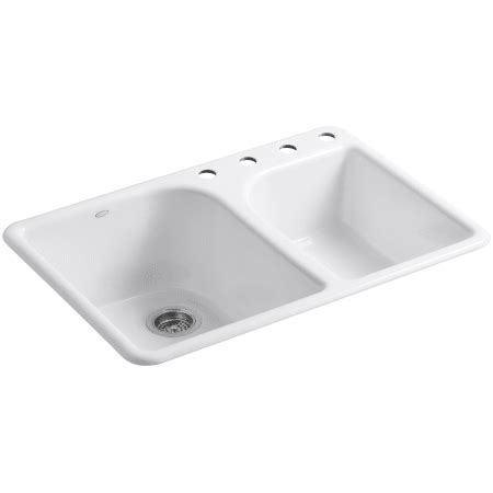 Offset drain increases workspace in the sink and storage space underneath. Kohler K-5932-4-0 White Executive Chef 33" Double Basin ...
