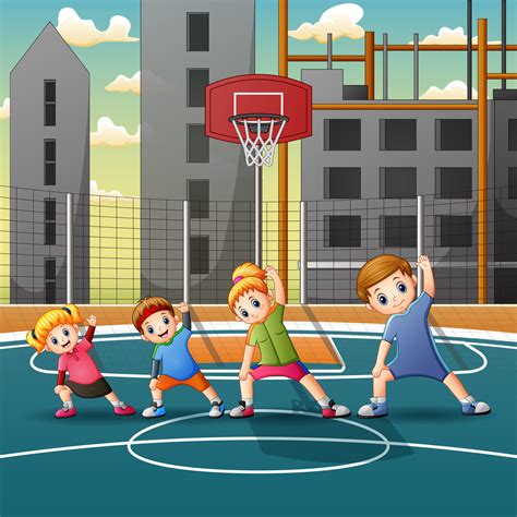 Glückliche Familie Der Karikatur Die übung Auf Dem Basketballplatz Tut