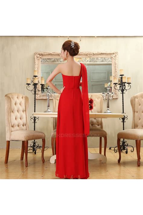 A Line One Shoulder Beaded Long Red Chiffon Bridesmaid Dressesevening