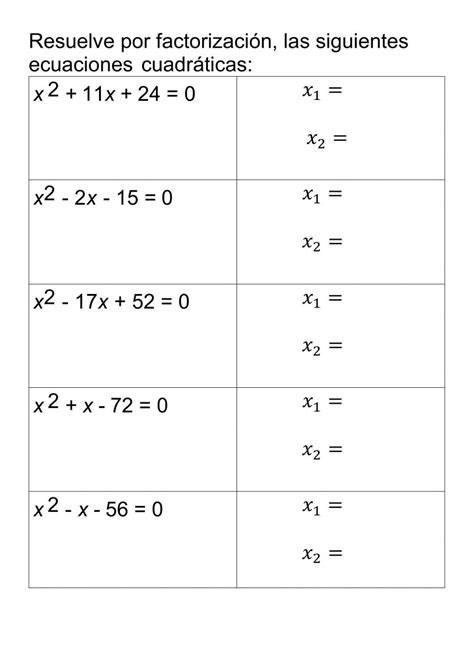 Ejercicio De Solución De Ecuaciones Cuadráticas Por Factorización Math