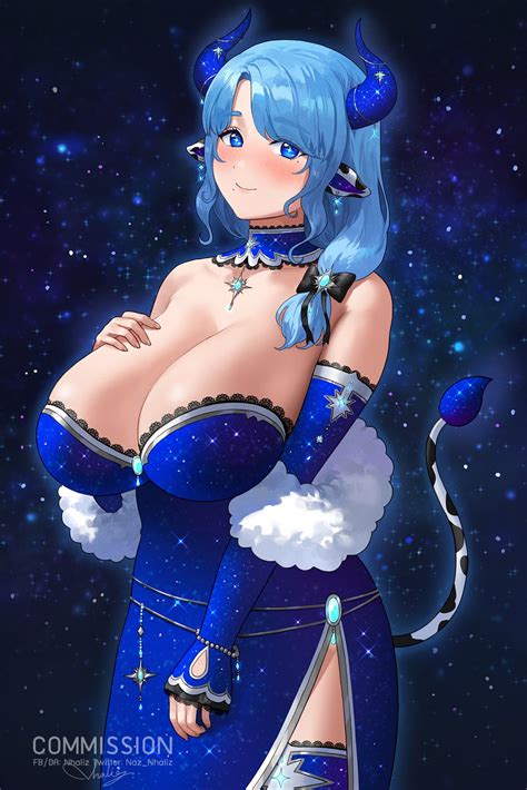 rule 34 1girls blue eyes blue hair blush breast suppress breasts cow girl cow horns cow tail
