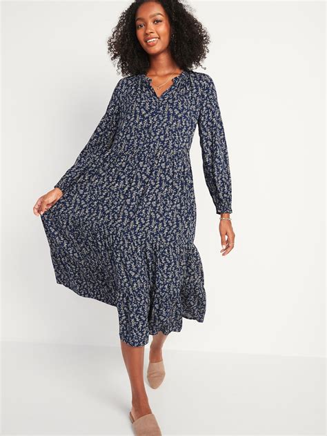 Old Navy Womens Printed Tiered Midi Swing Dress Navy Floral Print