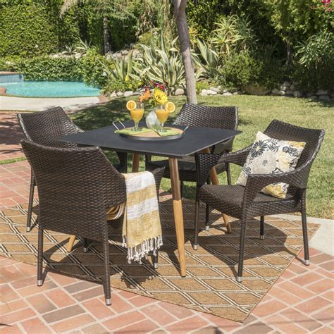 Vera Outdoor 5 Piece Wicker Dining Set With Stonelike Tempered Glass