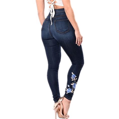 2018 Womens Jeans With Embroidery Slim Fit Stretch High Waist Pencils