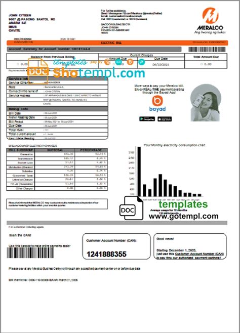 Philippines Meralco Electricity Utility Bill Template In Word And Pdf