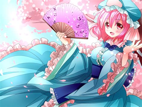 Safebooru 1girl Blush Cherry Blossoms Fan Flower Nagare Pink Saigyouji Yuyuko Short Hair Smile