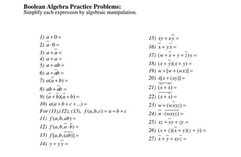 Boolean Algebra Simplification Exercises With Answers Jason Jackson S Algebra Worksheets