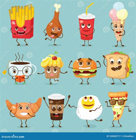 Cartoon Funny Food Characters Vector Illustrations Stock Vector