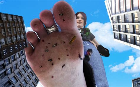 Mega Giantess With Her Big Bare Foot Lifted Over A City With Debris Stuck To The Bottom Of Her