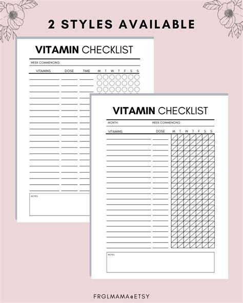 Daily Vitamin Checklist Vitamin Tracker Weekly Supplement Etsy