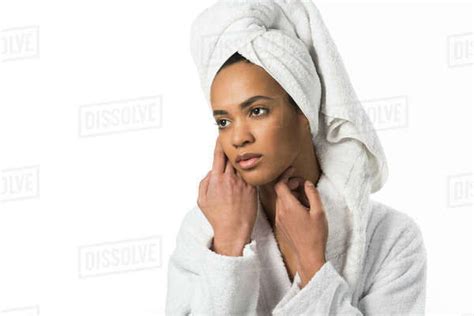 Tender African American Woman In Bathrobe And Towel With Perfect Clean