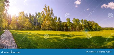 Majestic Colorful Landscape With Sunny Beams Hike Wander Stock Photo