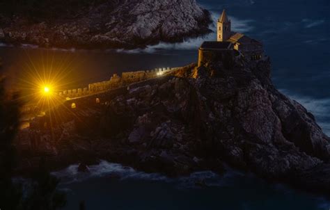 Wallpaper Sea Rays Light Night Rocks Italy Liguria Portovenere