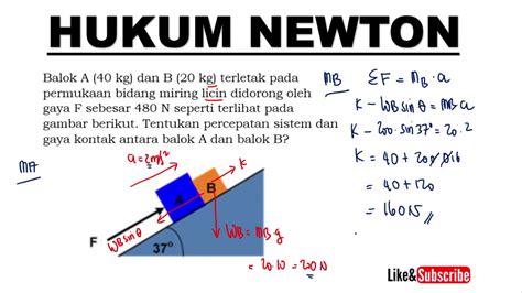 Menghitung Gaya Kontak Dan Percepatan 2 Balok Pada Bidang Miring Hukum