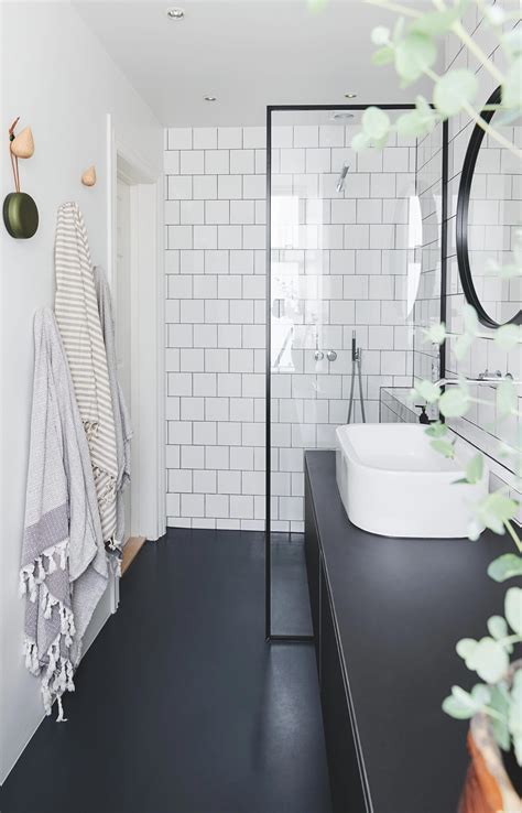 Scandinavian Bathroom White Tiles And Black Floor Whitetiledbathroom