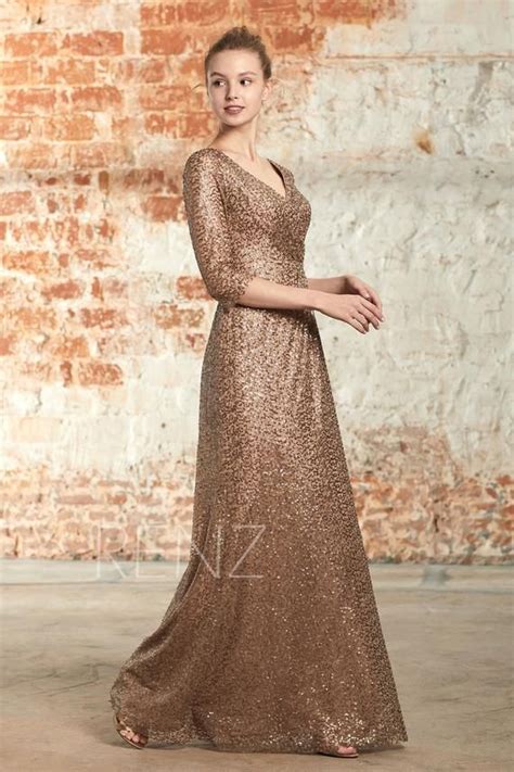 party dress bronze sequin dress ruched v neck bridesmaid dress long sleeve prom dress luxury