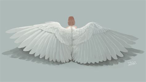 Safebooru 1girl Angel Angel Wings Brown Hair Dated Feathered Wings From Behind Grey Background