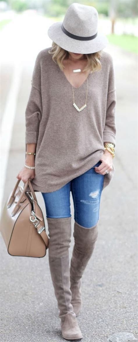 Perfect Nude Fall Look Sexy Over The Knee Boots With Oversized Comfy