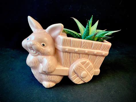 Vintage Bunny Planter Rabbit Pulling Cart Pink Ceramic Etsy Denmark