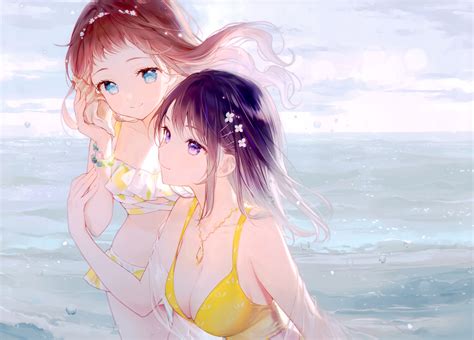 Girls Bikini Blue Eyes Brown Hair Gomzi Long Hair Original Purple Eyes