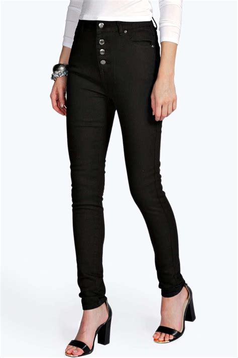 Abby High Rise Button Front Skinny Jeans At Boohoo Com