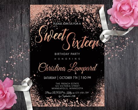 Sweet 16 Invitation Rose Gold Black Birthday Invitation For Etsy