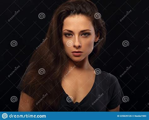 Beautiful Makeup Woman With Red Lipstick And Volume Brown Long Hair