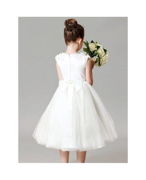 modest white tulle short ball gown flower girl dress with applique gemgrace