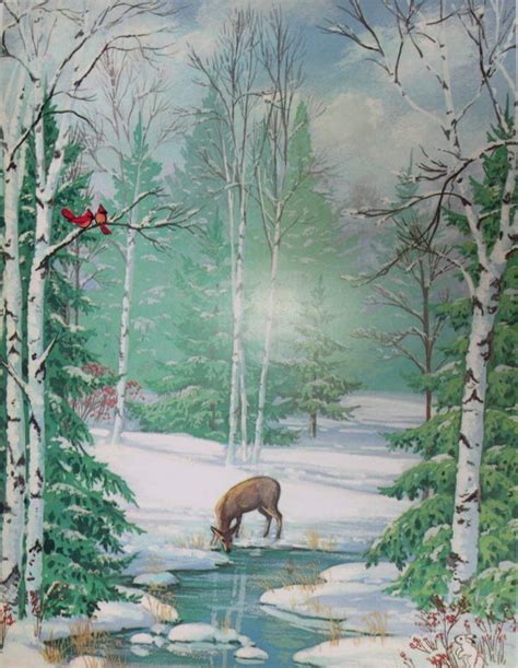 Beautiful Winter Scene Deer Cardinals Trees Christmas Ebay