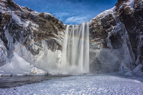 Iceland Mountain Winter Snow Sky Waterfall Rainbow Hd