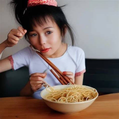 Asian Girl Eating Noodles