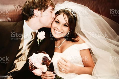 Beautiful Bride And Groom Happy Wedding Dress Couple Kissing Stock