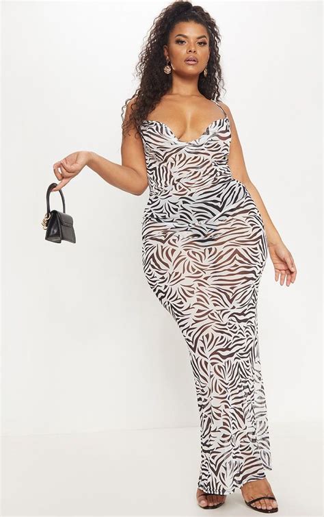 Plus White Zebra Print Strappy Cowl Neck Maxi Dress Zebra Print Maxi